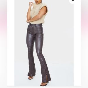 Brown faux leather denim flare split hem pants brand new size 8 (uk)